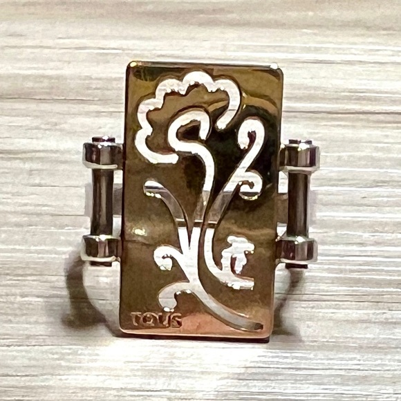 Tous Jewelry - Designer Tous Sterling Silver & 18k Vermeil Floral Tablet Ring, Size 7.25